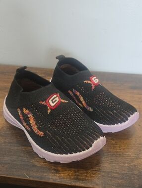 Kids Black Slip-On Knit Sneakers with Lavender Sole - Logo